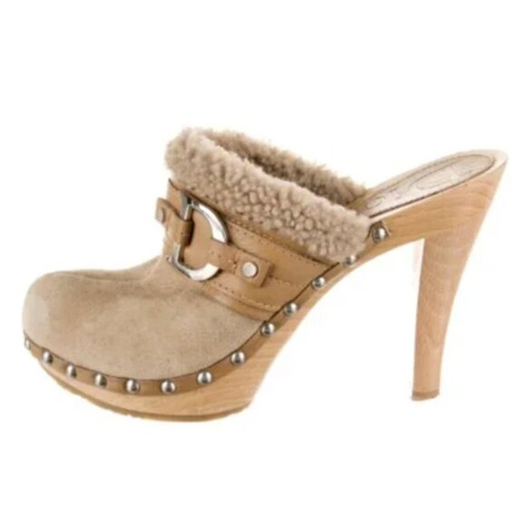 Christian Dior Suede Studded Shearling Mules Clogs Size 37 US 7 - Picture 1 of 5